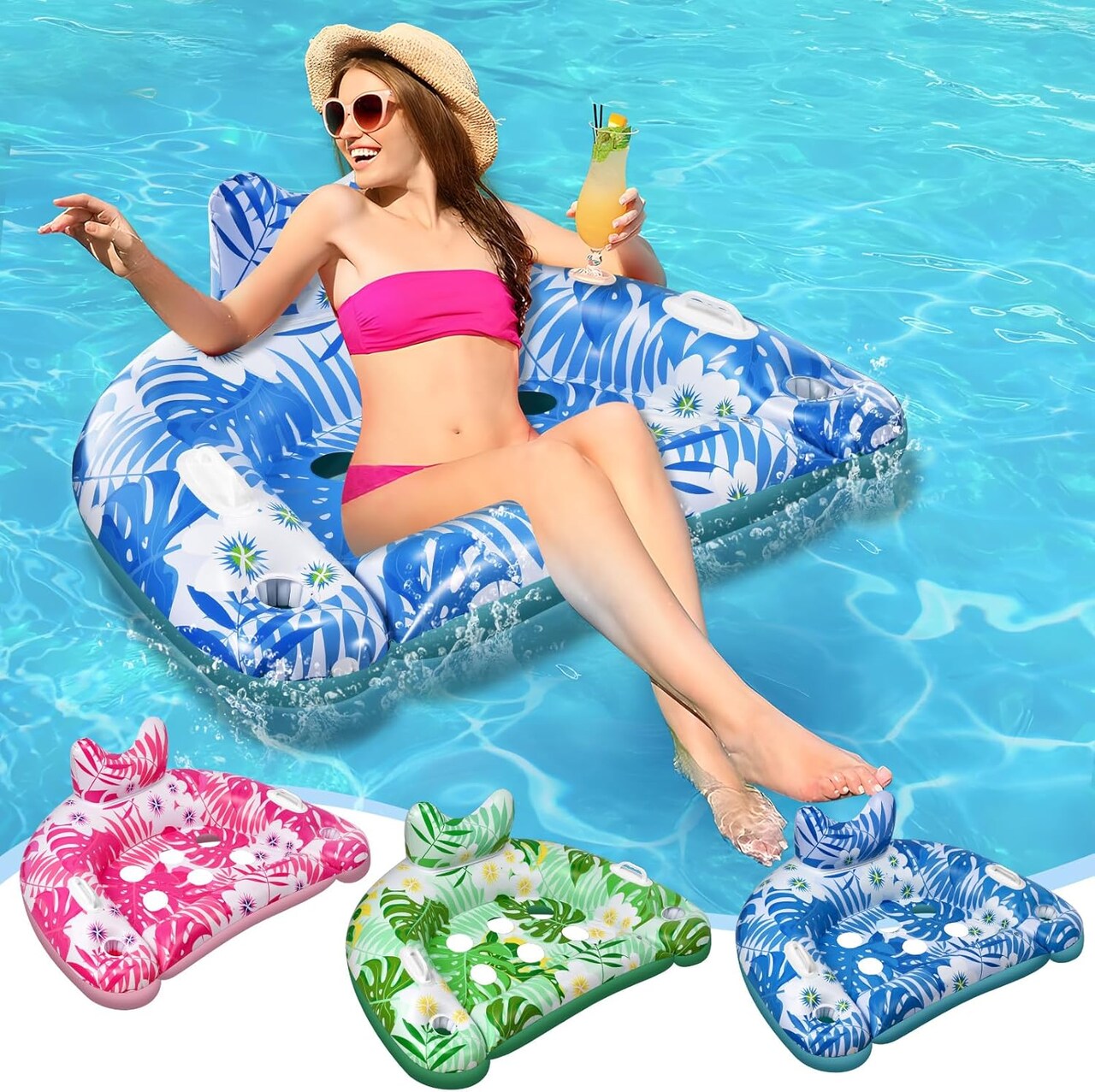 Pool Floats, 3 Pack Inflatable Pool Floats Adult & Kids, Pool Float with Cupholders & Duty Handles, Upgraded XL Pool Chairs, Premium Summer Pool Toys for Lakes, Rivers, Beach Vacation, Water Party